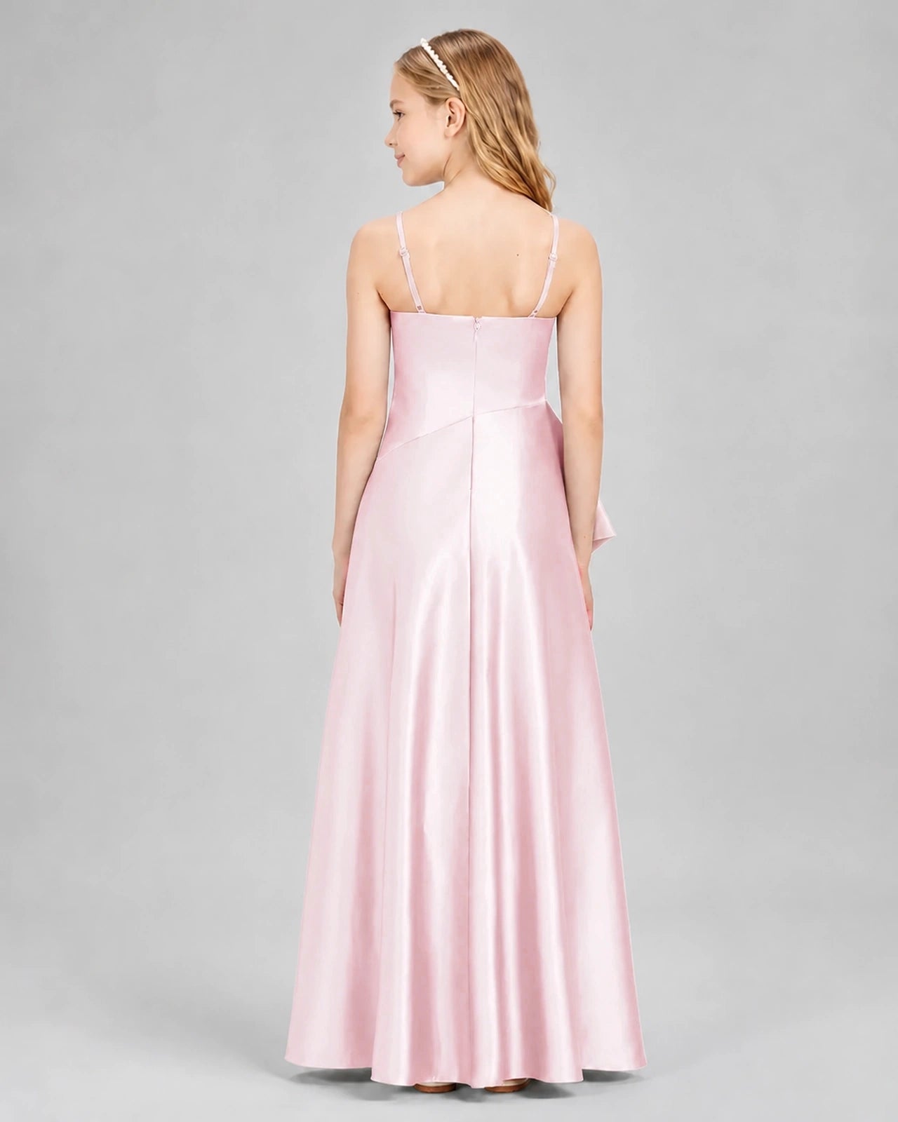 Dideyttawl Junior Bridesmaid Dress with High-Low Skirt and Satin Ruched Bodice