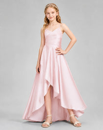 Dideyttawl Junior Bridesmaid Dress with High-Low Skirt and Satin Ruched Bodice