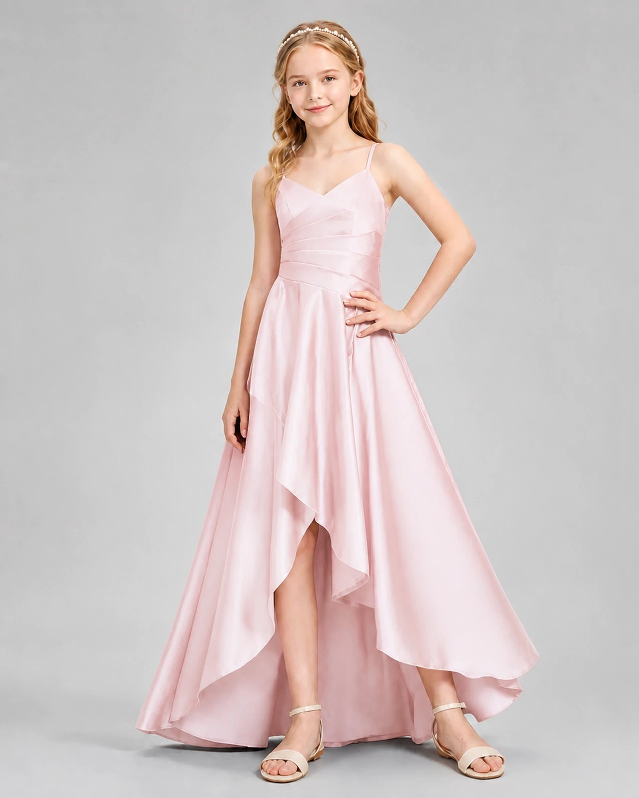 Dideyttawl Junior Bridesmaid Dress with High-Low Skirt and Satin Ruched Bodice