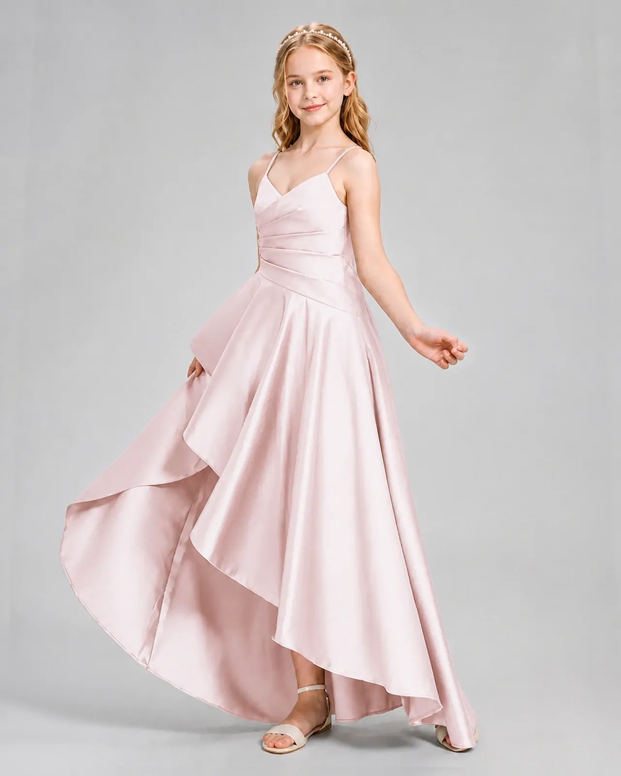 Blush Pink Satin A-line Junior Bridesmaid Dress Side View