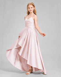 Dideyttawl Junior Bridesmaid Dress with High-Low Skirt and Satin Ruched Bodice