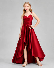 Dideyttawl Junior Bridesmaid Dress with High-Low Skirt and Satin Ruched Bodice