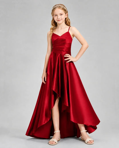 Burgundy Satin A-line Junior Bridesmaid Dress Front View