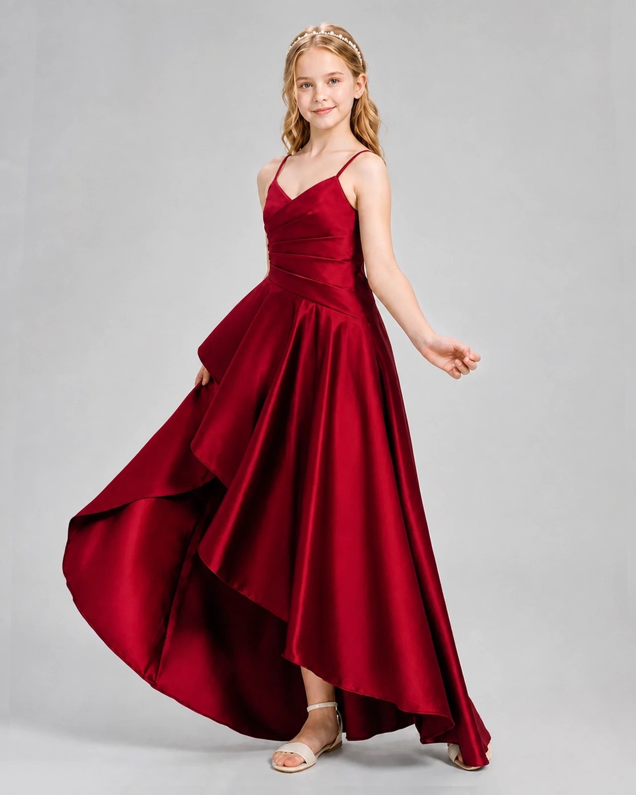 Dideyttawl Junior Bridesmaid Dress with High-Low Skirt and Satin Ruched Bodice