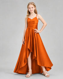 Dideyttawl Junior Bridesmaid Dress with High-Low Skirt and Satin Ruched Bodice
