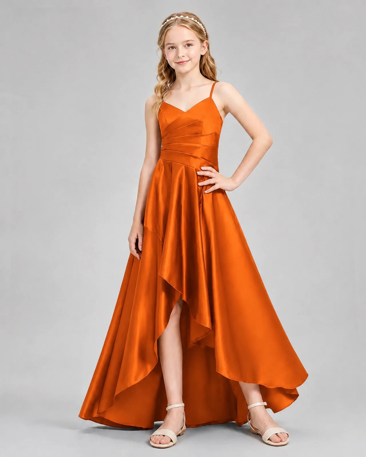 Dideyttawl Junior Bridesmaid Dress with High-Low Skirt and Satin Ruched Bodice