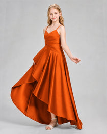Dideyttawl Junior Bridesmaid Dress with High-Low Skirt and Satin Ruched Bodice