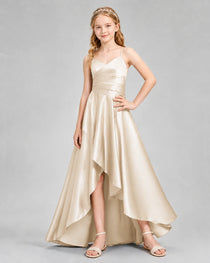 Dideyttawl Junior Bridesmaid Dress with High-Low Skirt and Satin Ruched Bodice