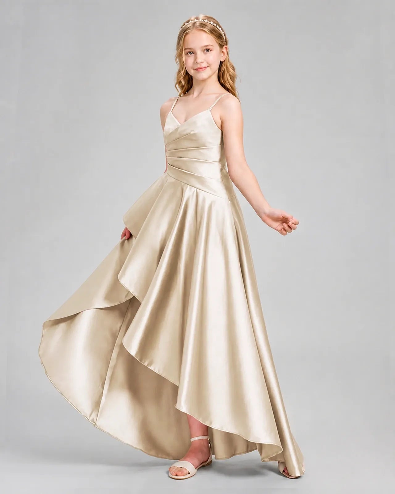 Champagne Satin A-line Junior Bridesmaid Dress Side View