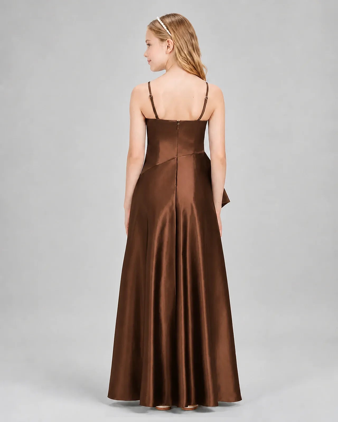 Chocolate Satin A-line Junior Bridesmaid Dress Back View