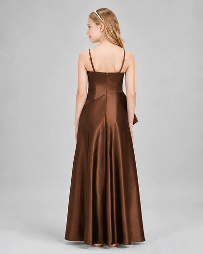 Chocolate Satin A-line Junior Bridesmaid Dress Back View