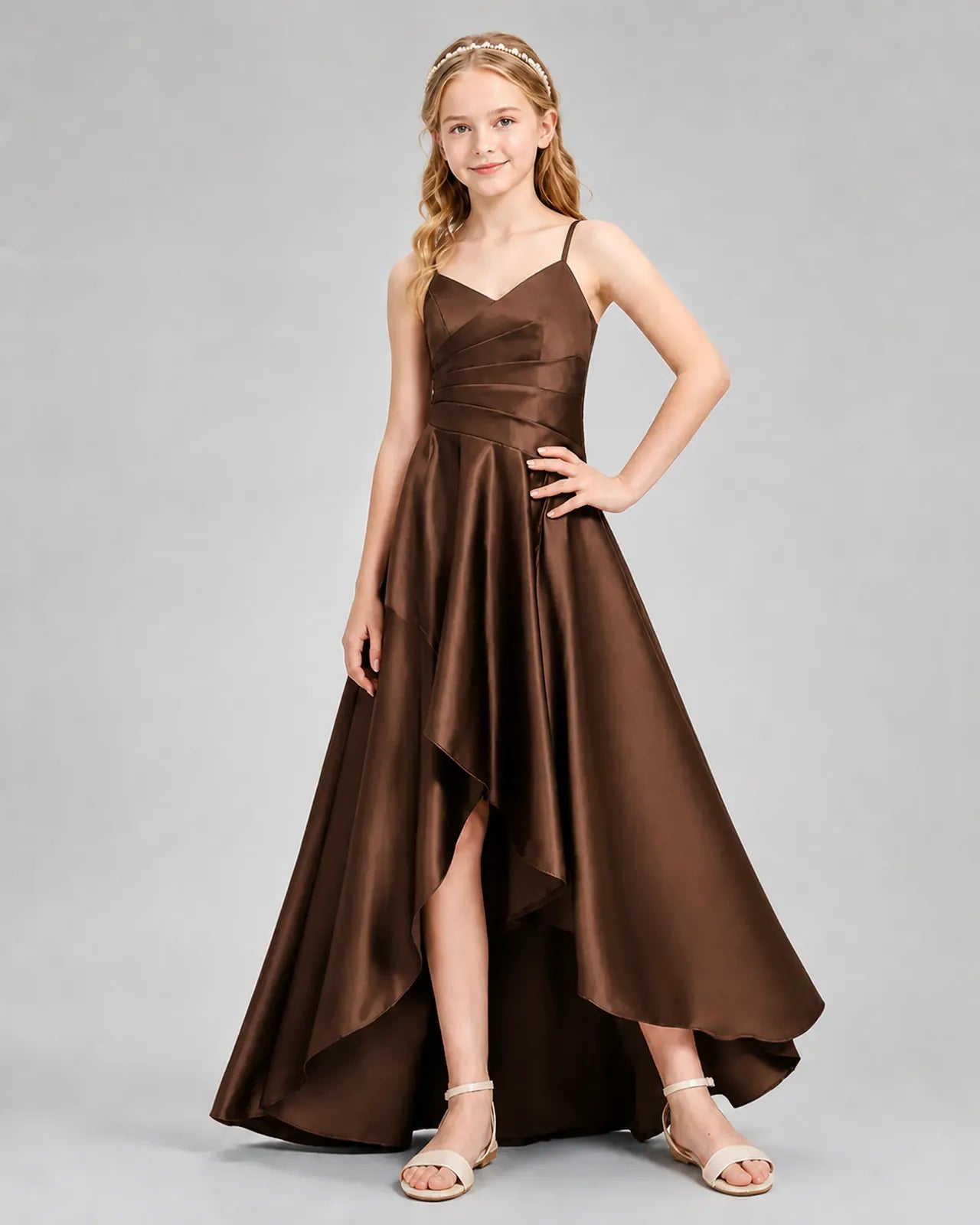 Chocolate Satin A-line Junior Bridesmaid Dress Front View