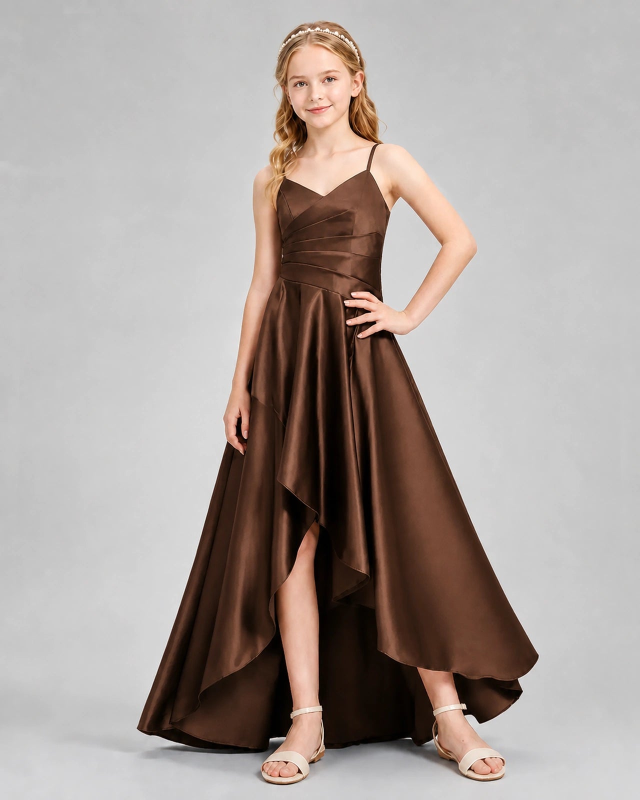 Dideyttawl Junior Bridesmaid Dress with High-Low Skirt and Satin Ruched Bodice