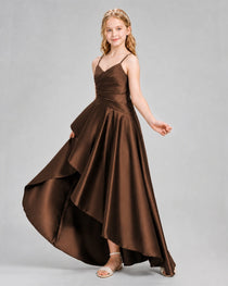 Dideyttawl Junior Bridesmaid Dress with High-Low Skirt and Satin Ruched Bodice
