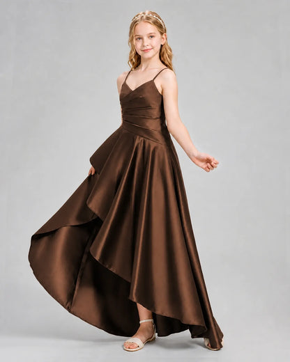 Chocolate Satin A-line Junior Bridesmaid Dress Side View