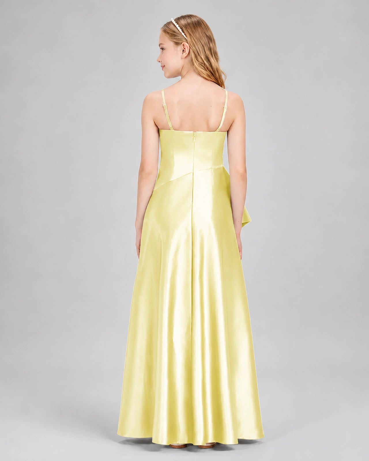 Dideyttawl Junior Bridesmaid Dress with High-Low Skirt and Satin Ruched Bodice