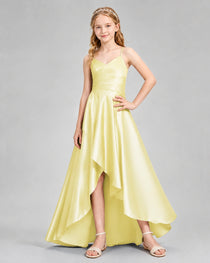 Dideyttawl Junior Bridesmaid Dress with High-Low Skirt and Satin Ruched Bodice