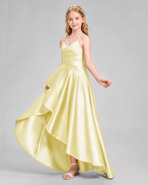 Dideyttawl Junior Bridesmaid Dress with High-Low Skirt and Satin Ruched Bodice