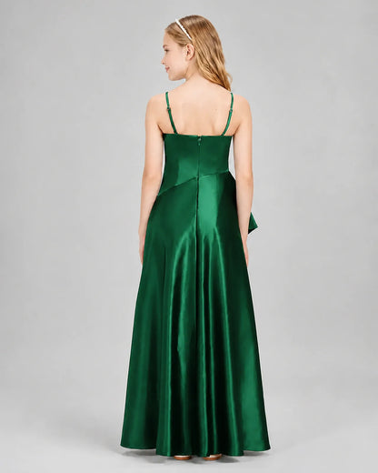 Dark Green Satin A-line Junior Bridesmaid Dress Back View