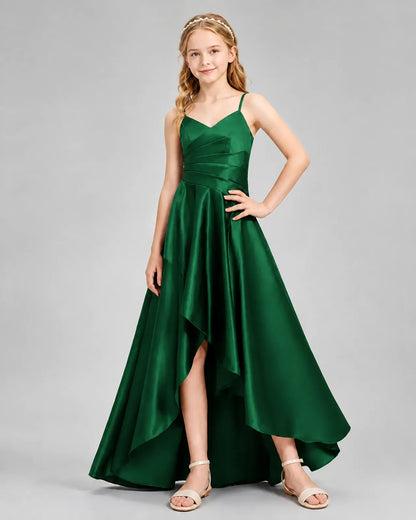 Dark Green Satin A-line Junior Bridesmaid Dress Front View