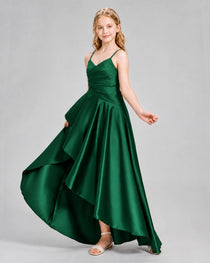 Dideyttawl Junior Bridesmaid Dress with High-Low Skirt and Satin Ruched Bodice