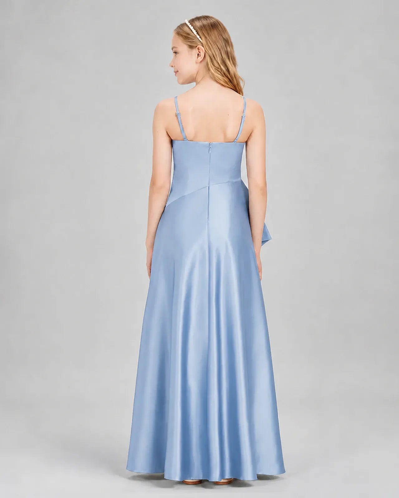Dusty Blue Satin A-line Junior Bridesmaid Dress Back View