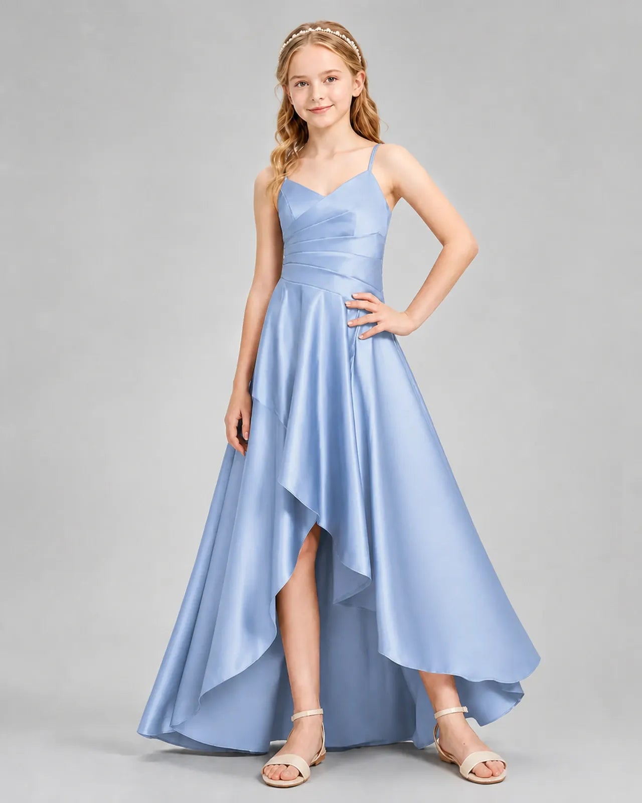 Dusty Blue Satin A-line Junior Bridesmaid Dress Front View