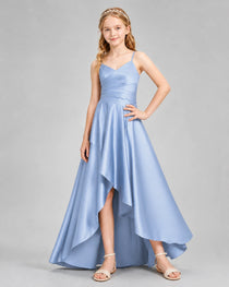 Dideyttawl Junior Bridesmaid Dress with High-Low Skirt and Satin Ruched Bodice