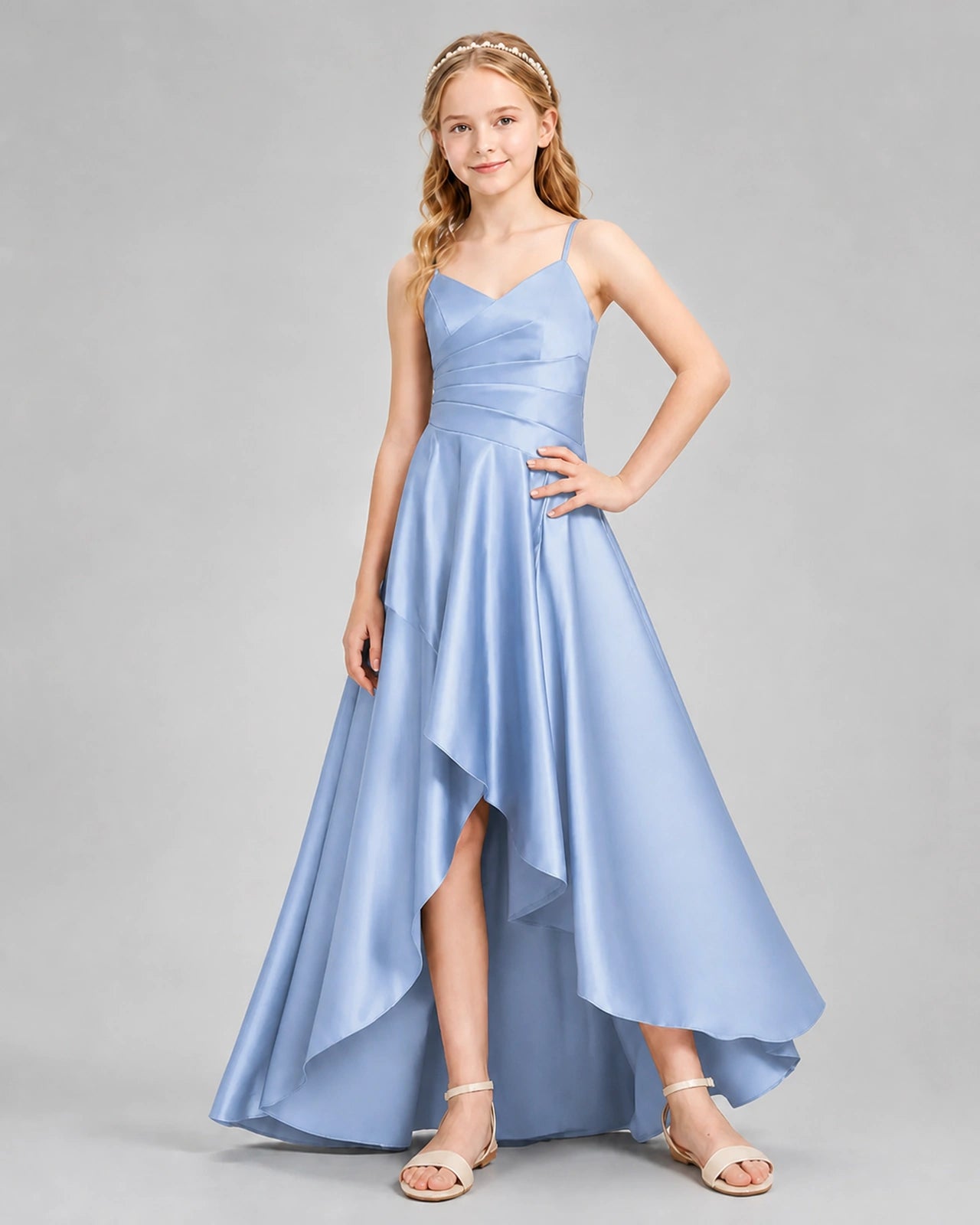 Dideyttawl Junior Bridesmaid Dress with High-Low Skirt and Satin Ruched Bodice