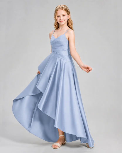 Dusty Blue Satin A-line Junior Bridesmaid Dress Side View