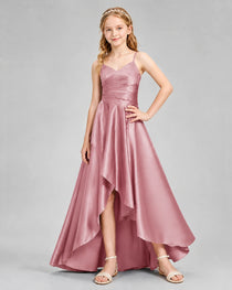 Dideyttawl Junior Bridesmaid Dress with High-Low Skirt and Satin Ruched Bodice
