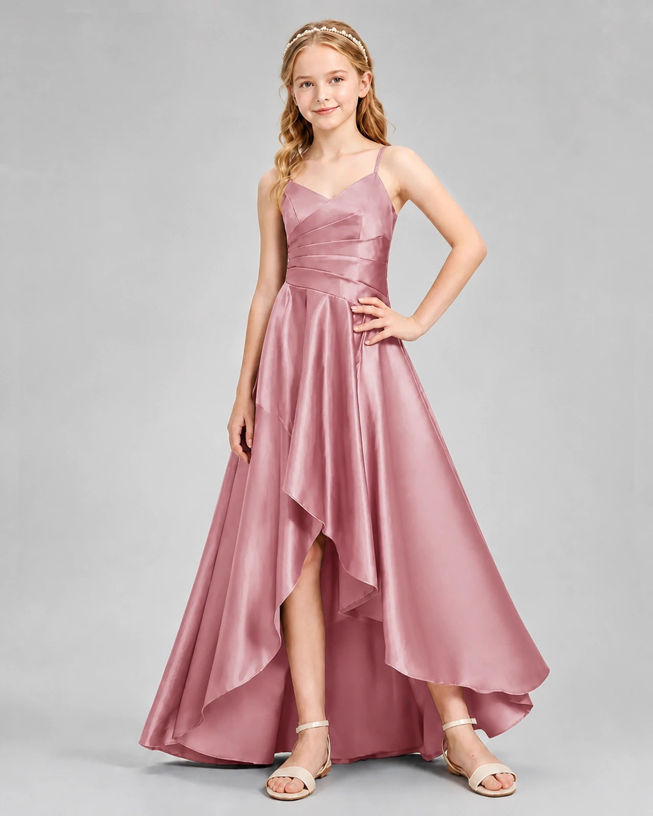 Dideyttawl Junior Bridesmaid Dress with High-Low Skirt and Satin Ruched Bodice