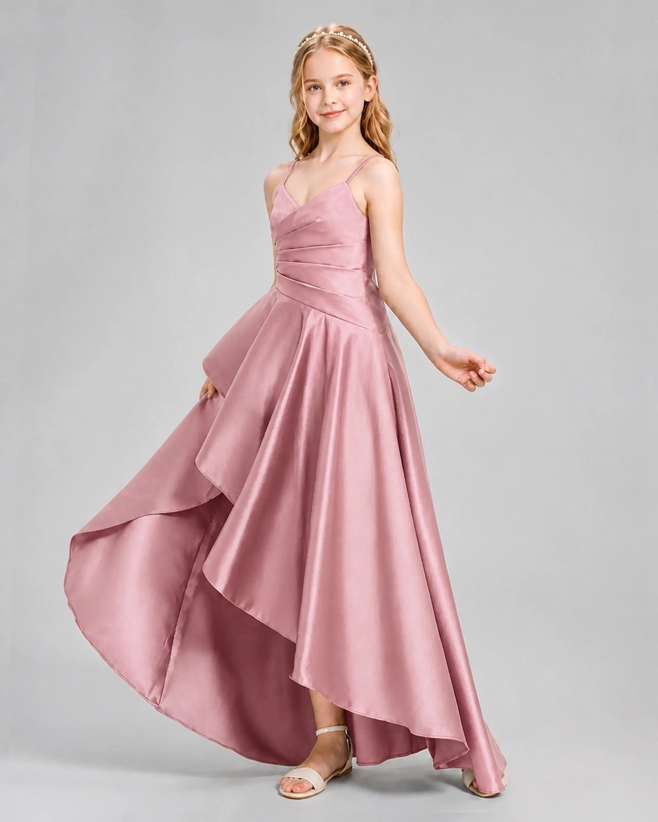 Dideyttawl Junior Bridesmaid Dress with High-Low Skirt and Satin Ruched Bodice