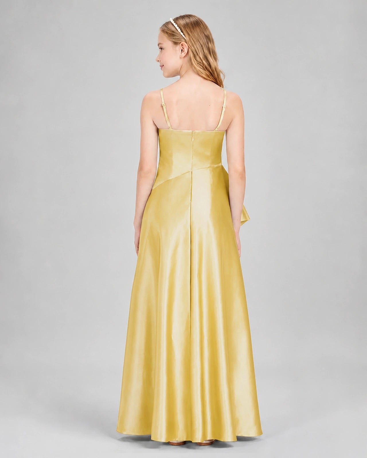 Dideyttawl Junior Bridesmaid Dress with High-Low Skirt and Satin Ruched Bodice