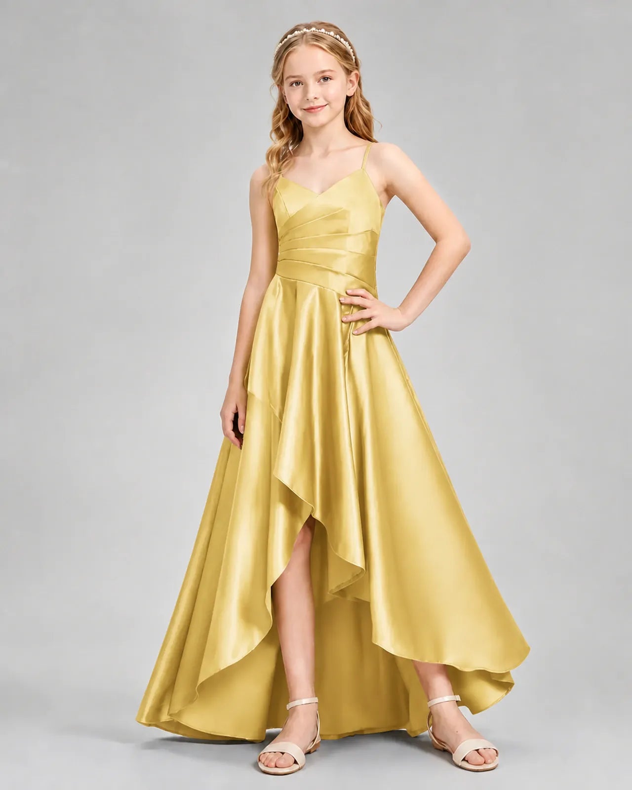 Gold Satin A-line Junior Bridesmaid Dress Front View
