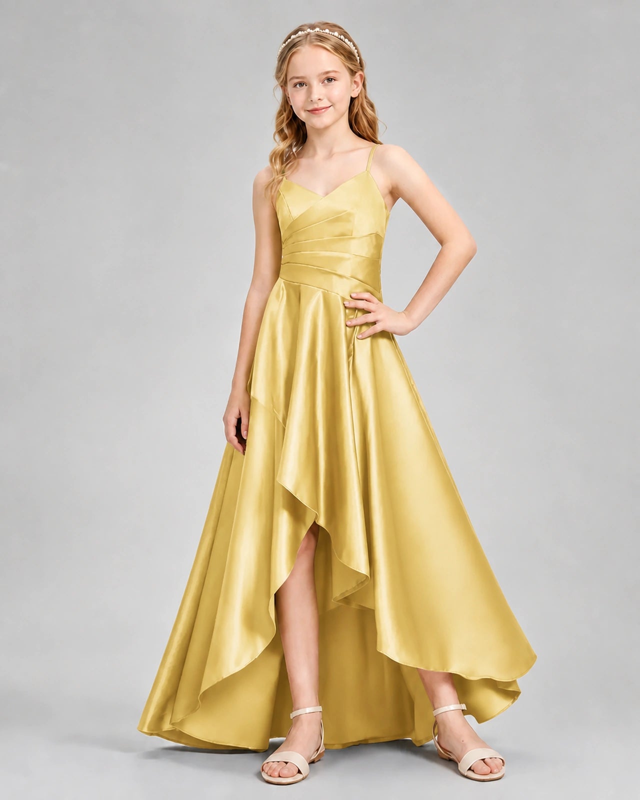 Dideyttawl Junior Bridesmaid Dress with High-Low Skirt and Satin Ruched Bodice