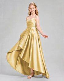 Dideyttawl Junior Bridesmaid Dress with High-Low Skirt and Satin Ruched Bodice