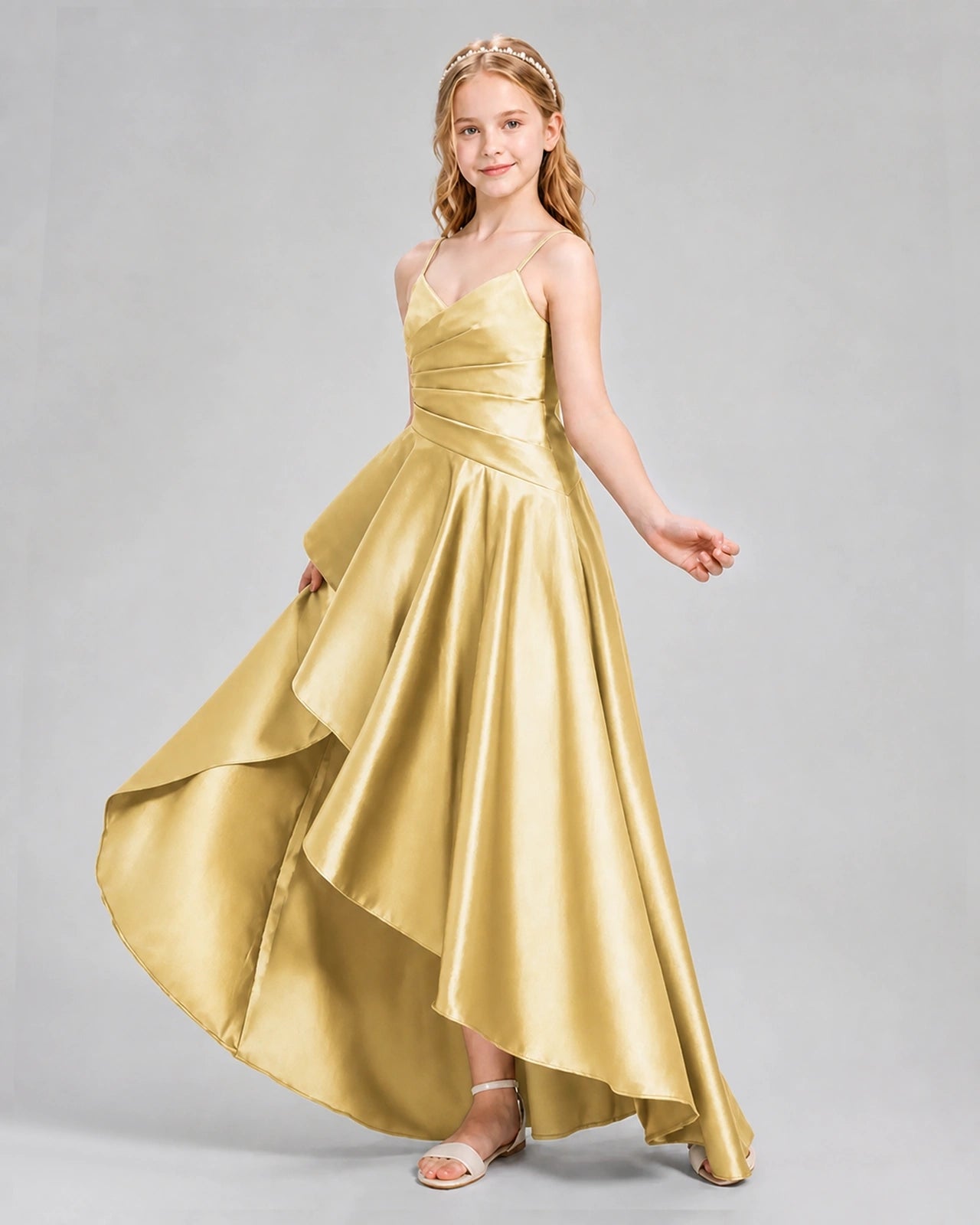 Dideyttawl Junior Bridesmaid Dress with High-Low Skirt and Satin Ruched Bodice