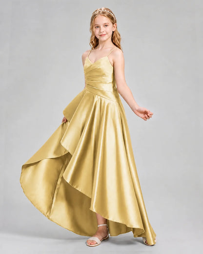 Gold Satin A-line Junior Bridesmaid Dress Side View
