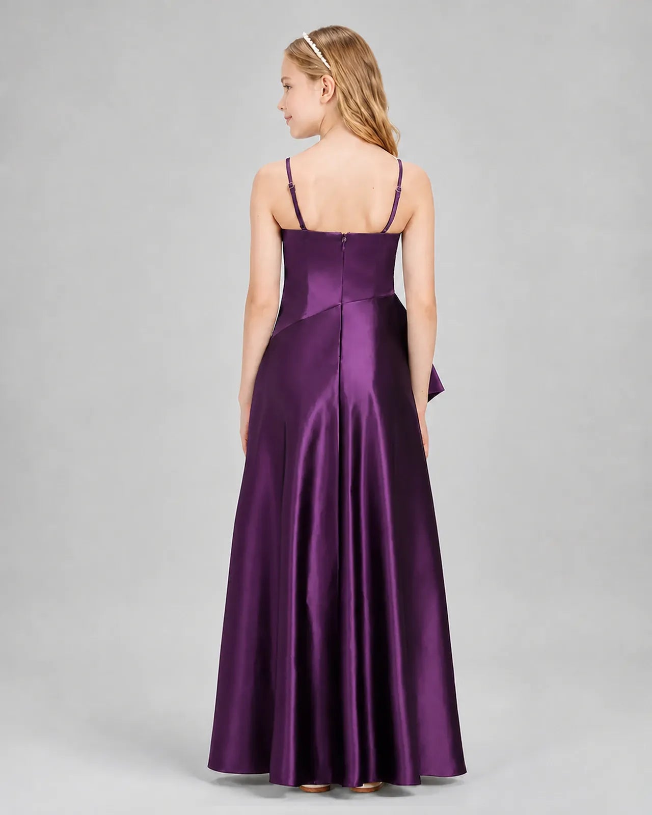 Grape Satin A-line Junior Bridesmaid Dress Back View