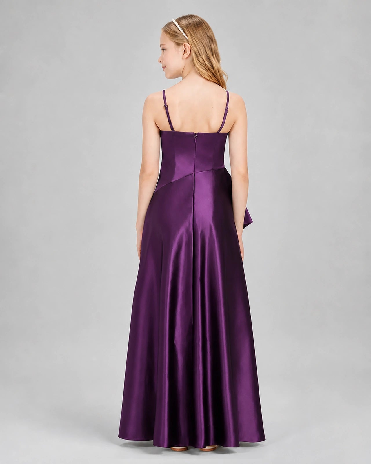 Dideyttawl Junior Bridesmaid Dress with High-Low Skirt and Satin Ruched Bodice