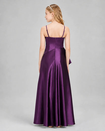 Grape Satin A-line Junior Bridesmaid Dress Back View