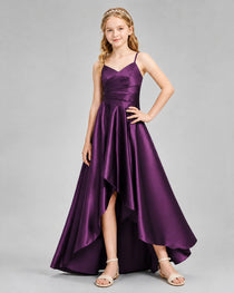Dideyttawl Junior Bridesmaid Dress with High-Low Skirt and Satin Ruched Bodice