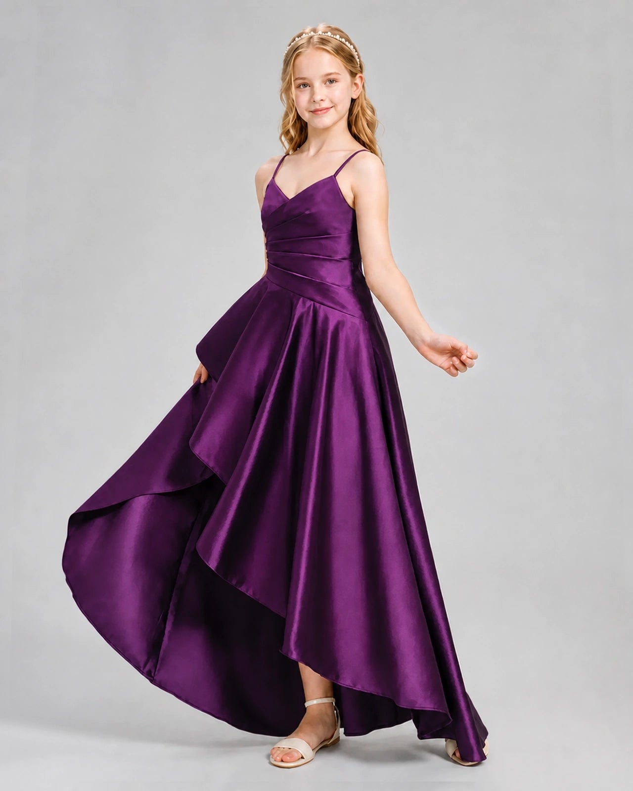 Dideyttawl Junior Bridesmaid Dress with High-Low Skirt and Satin Ruched Bodice
