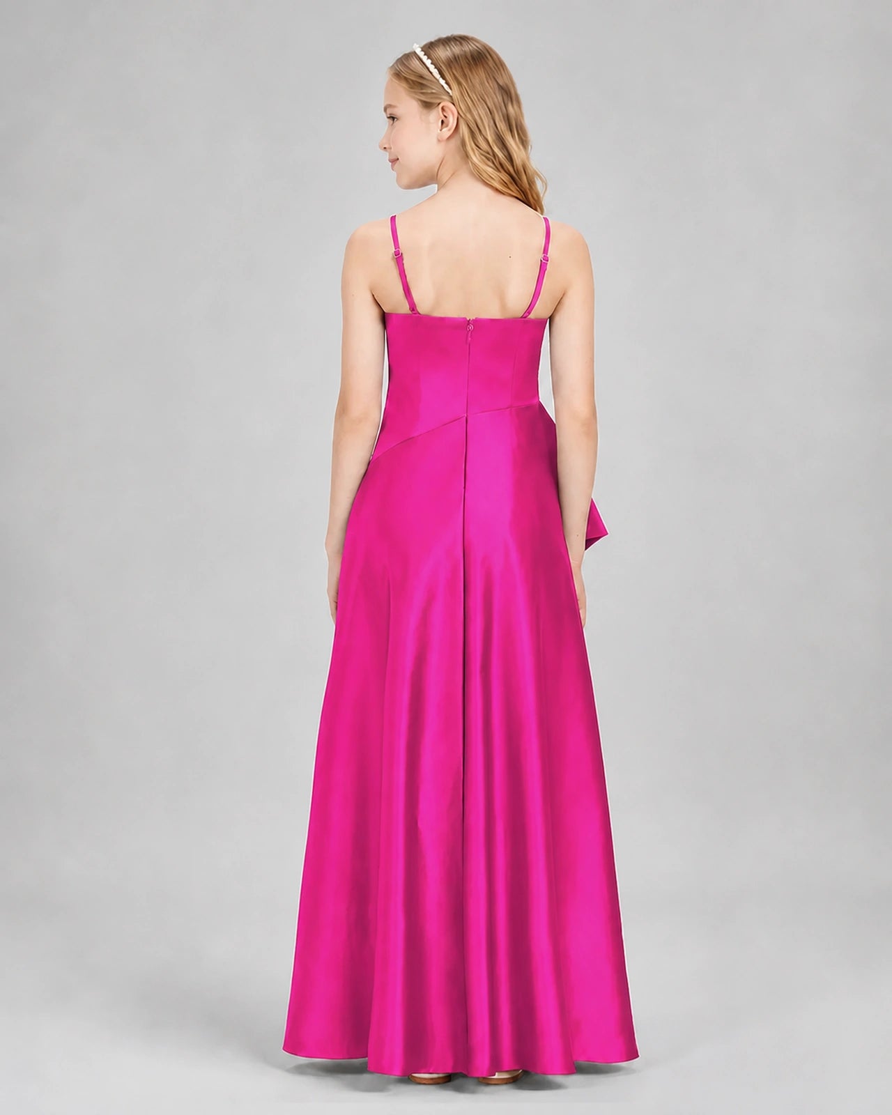 Dideyttawl Junior Bridesmaid Dress with High-Low Skirt and Satin Ruched Bodice