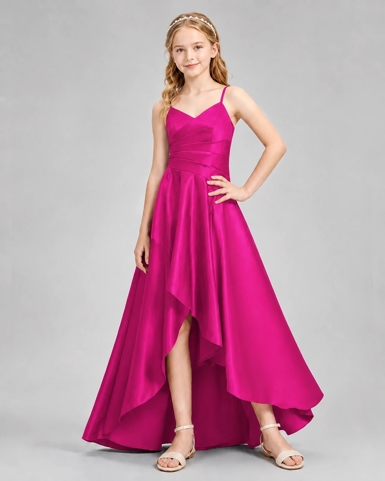 Dideyttawl Junior Bridesmaid Dress with High-Low Skirt and Satin Ruched Bodice