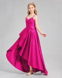 Dideyttawl Junior Bridesmaid Dress with High-Low Skirt and Satin Ruched Bodice