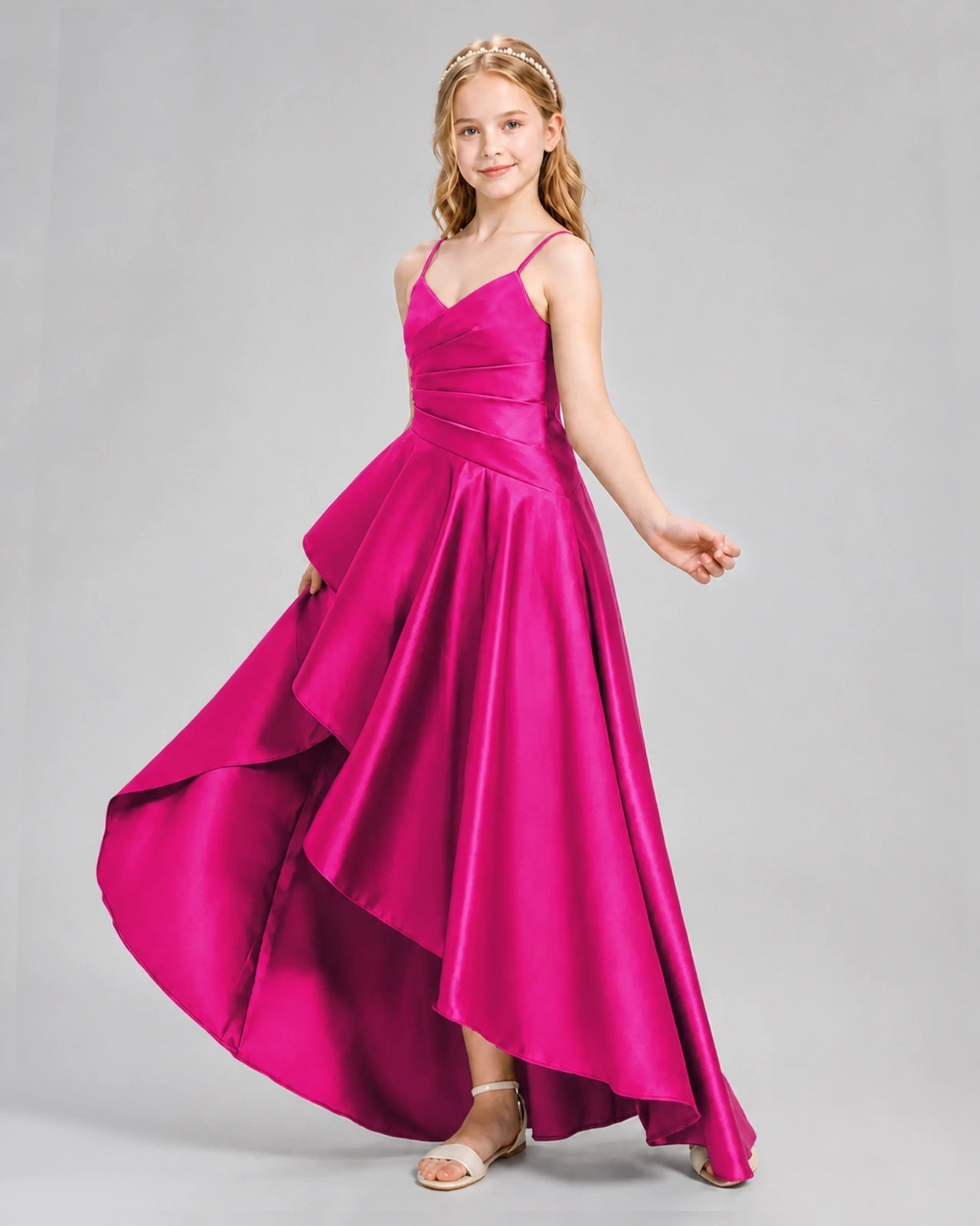 Dideyttawl Junior Bridesmaid Dress with High-Low Skirt and Satin Ruched Bodice