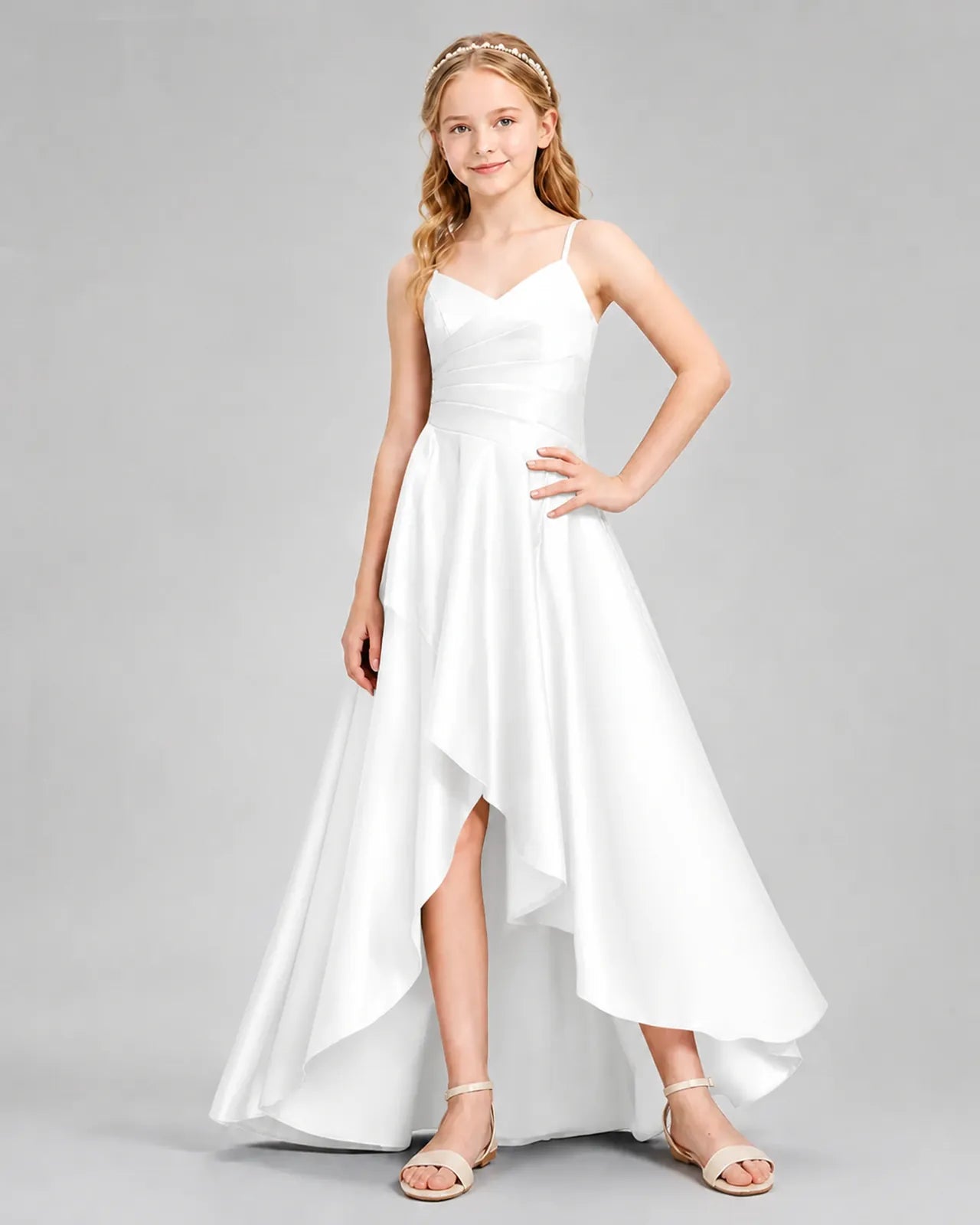 Ivory Satin A-line Junior Bridesmaid Dress Front View