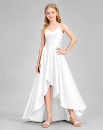 Dideyttawl Junior Bridesmaid Dress with High-Low Skirt and Satin Ruched Bodice